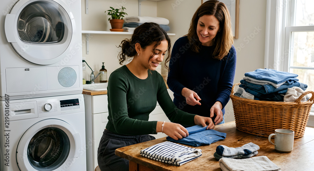 Two people learning laundry and clothes-folding skills together