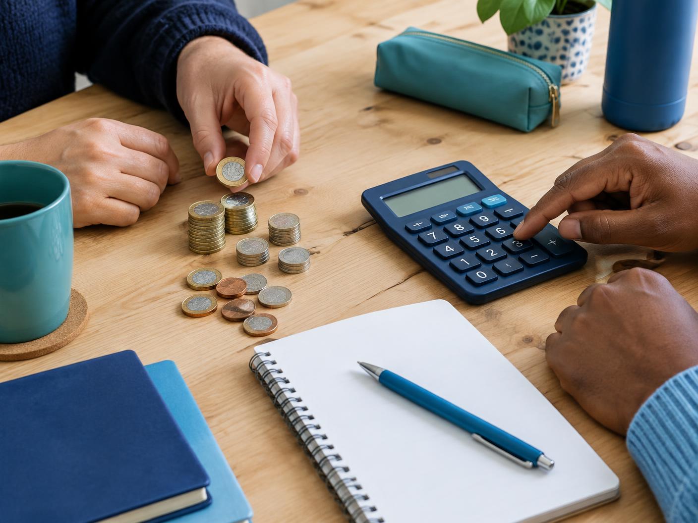 Hands practising everyday budgeting with British coins and a calculator